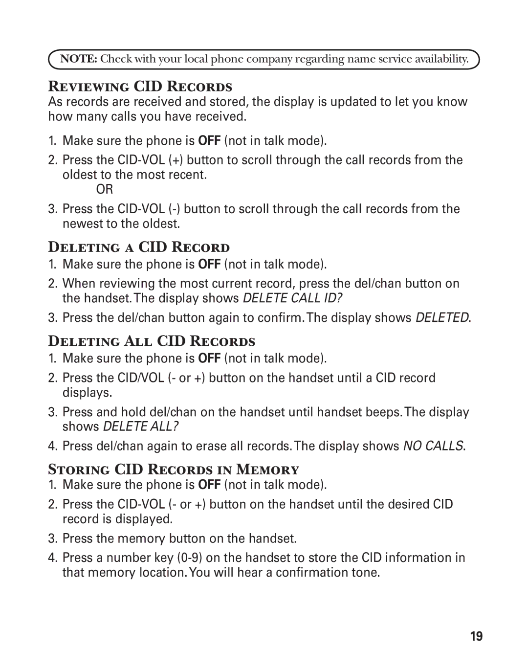 GE 25860 manual Reviewing CID Records, Deleting a CID Record, Deleting All CID Records, Storing CID Records in Memory 