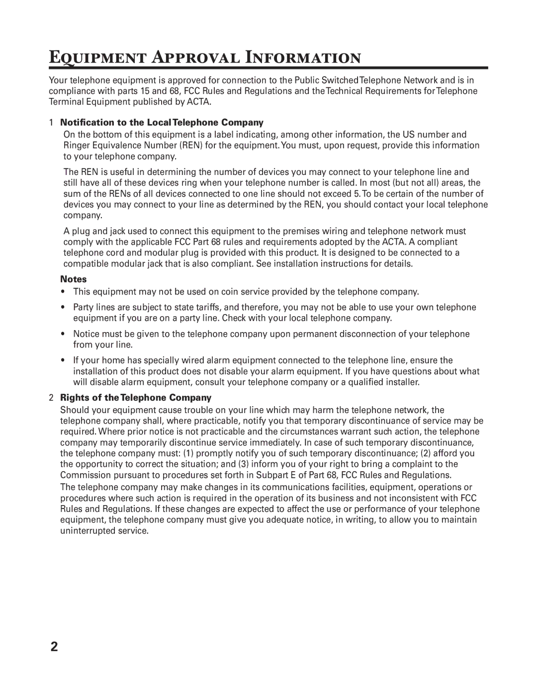 GE 25860 manual Equipment Approval Information, Notiﬁcation to the LocalTelephone Company 