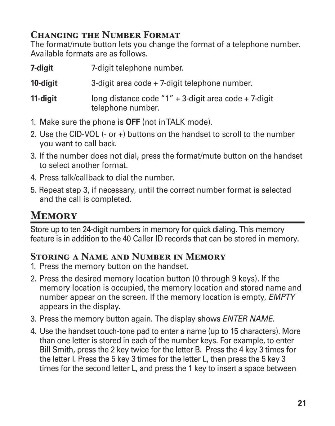 GE 25860 manual Changing the Number Format, Storing a Name and Number in Memory 