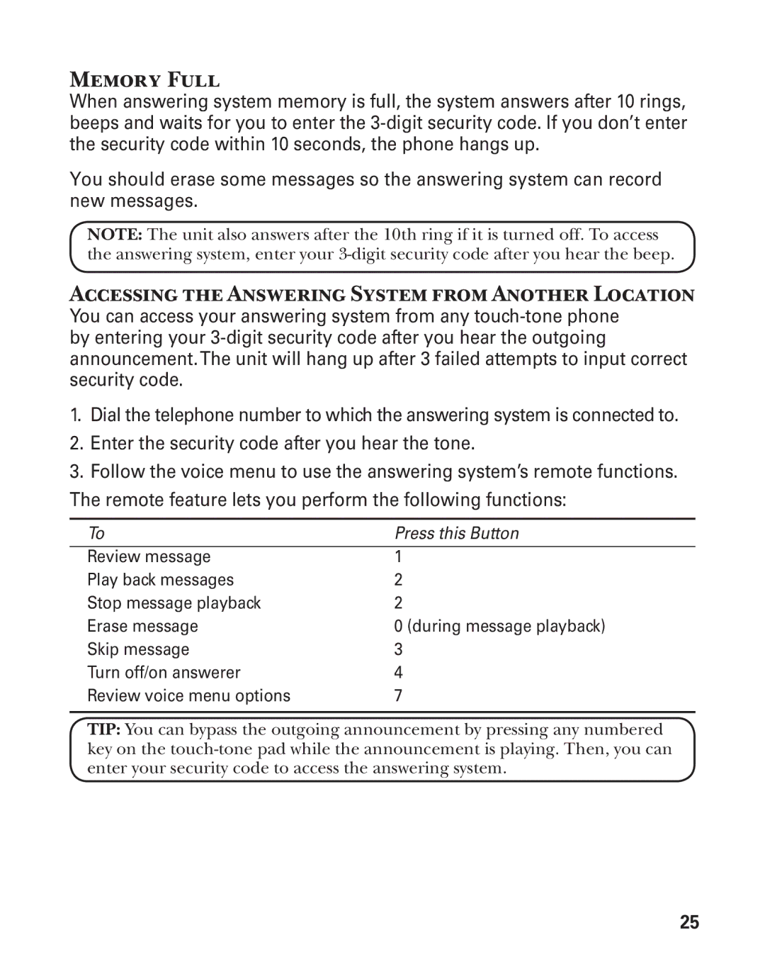 GE 25860 manual Memory Full, Accessing the Answering System from Another Location 