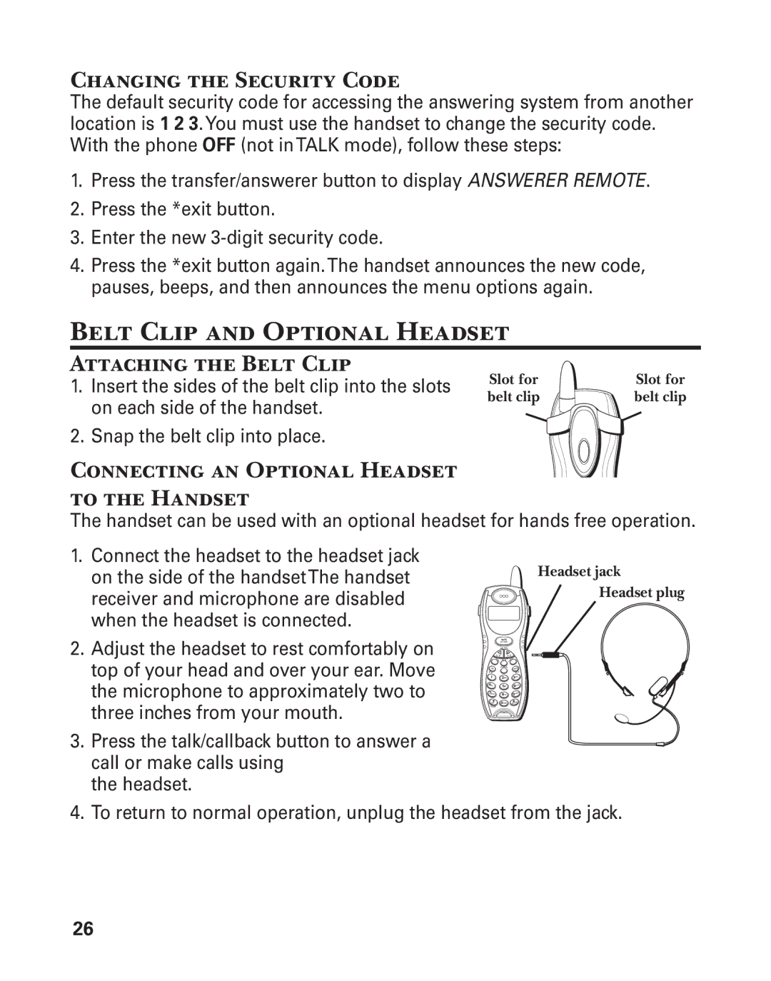 GE 25860 manual Belt Clip and Optional Headset, Changing the Security Code, Attaching the Belt Clip 