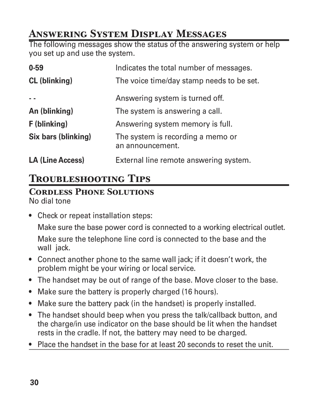 GE 25860 manual Answering System Display Messages, Troubleshooting Tips, Cordless Phone Solutions 