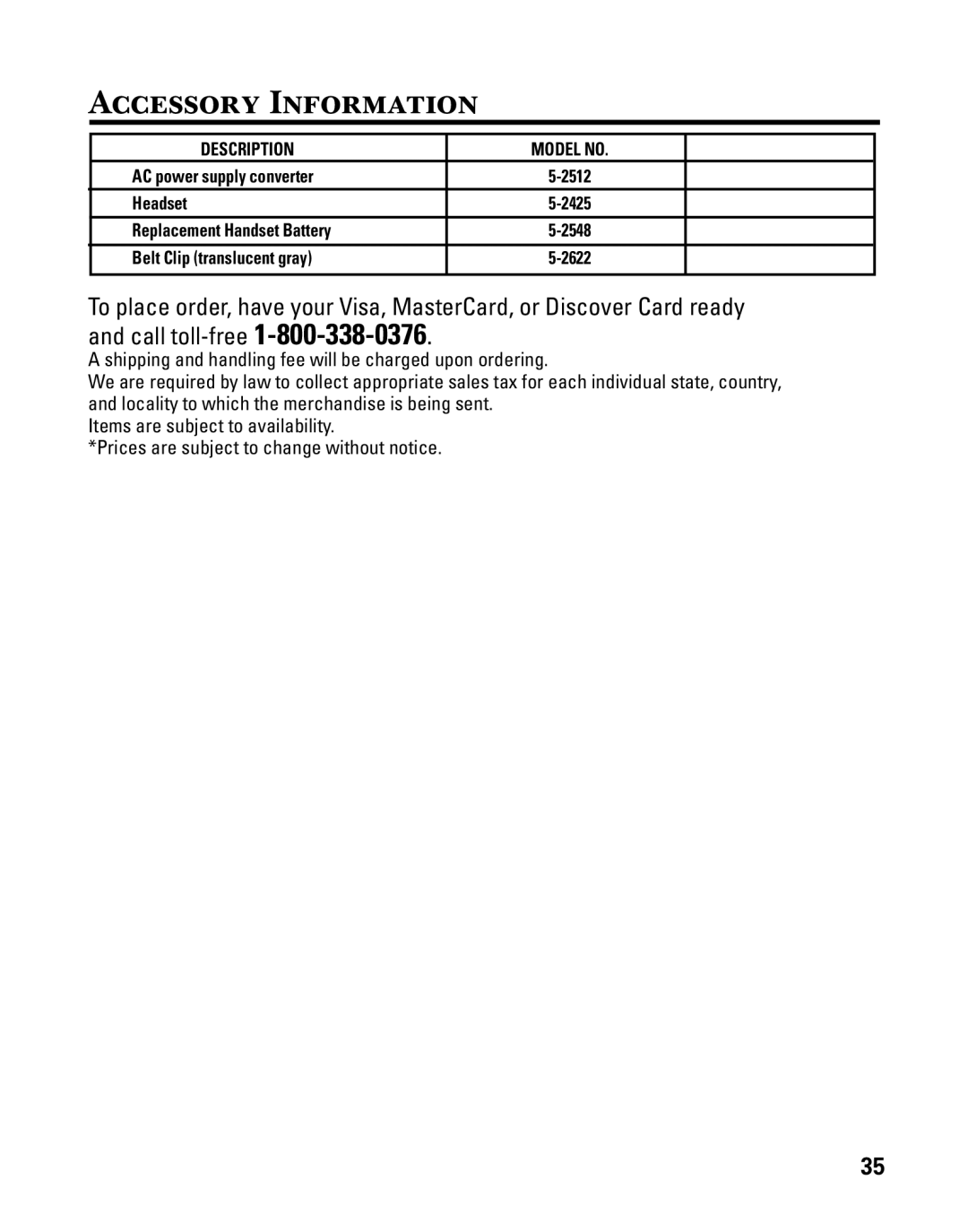 GE 25860 manual Accessory Information, Description Model no 