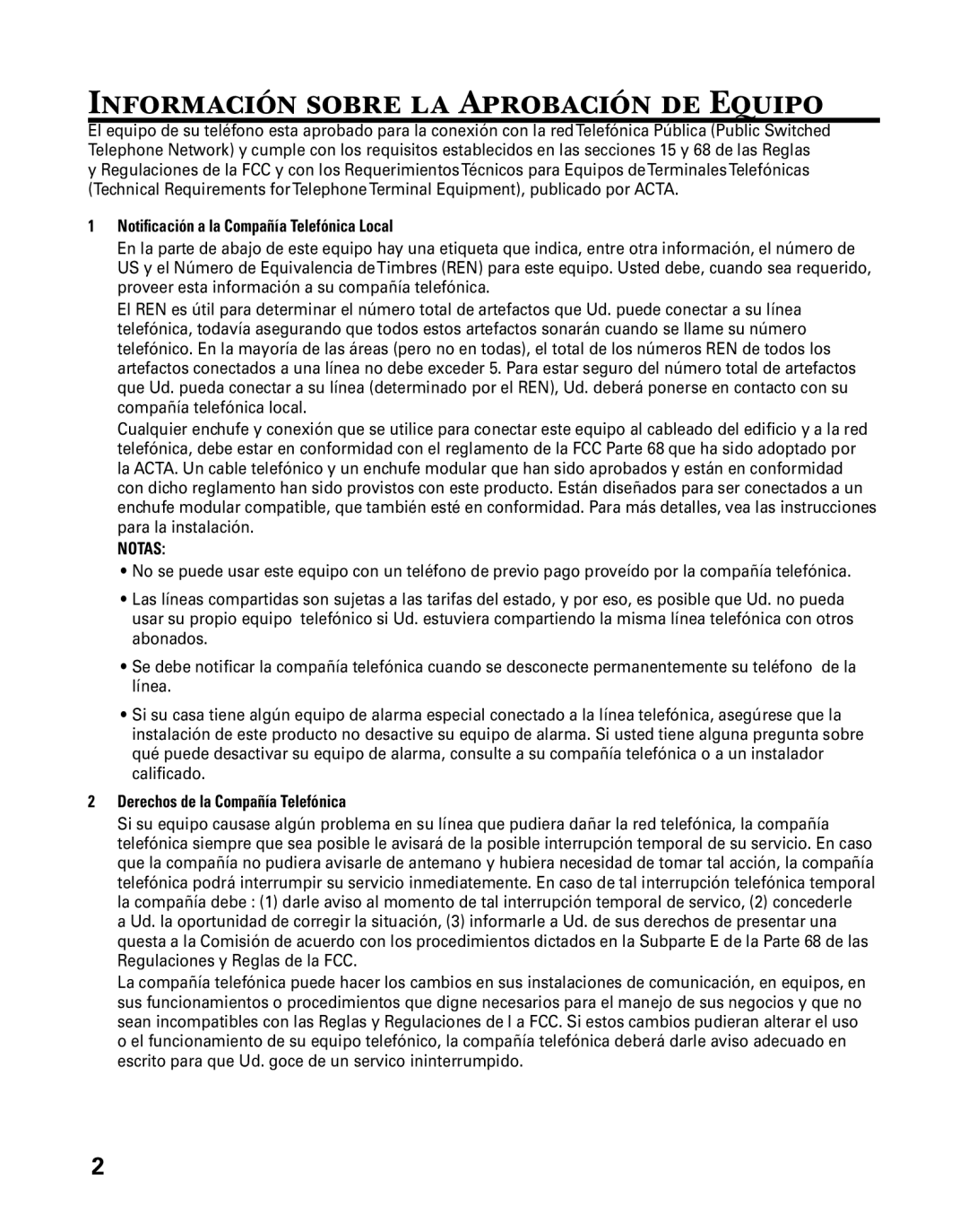 GE 25860 manual Información sobre la Aprobación de Equipo, Notiﬁcación a la Compañía Telefónica Local 