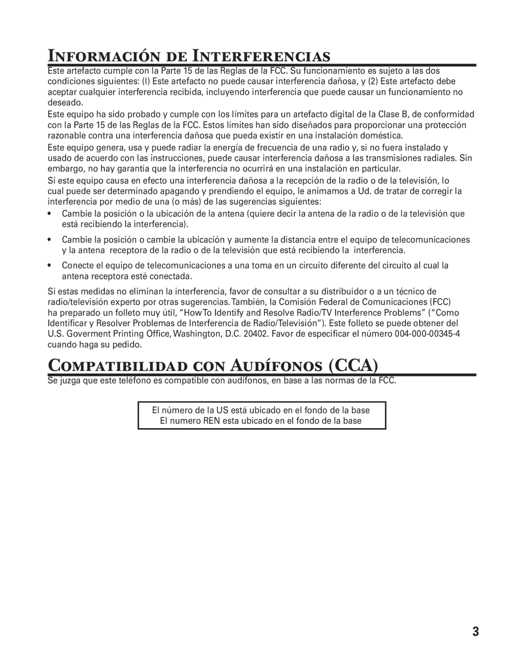 GE 25860 manual Información de Interferencias, Compatibilidad con Audífonos CCA 