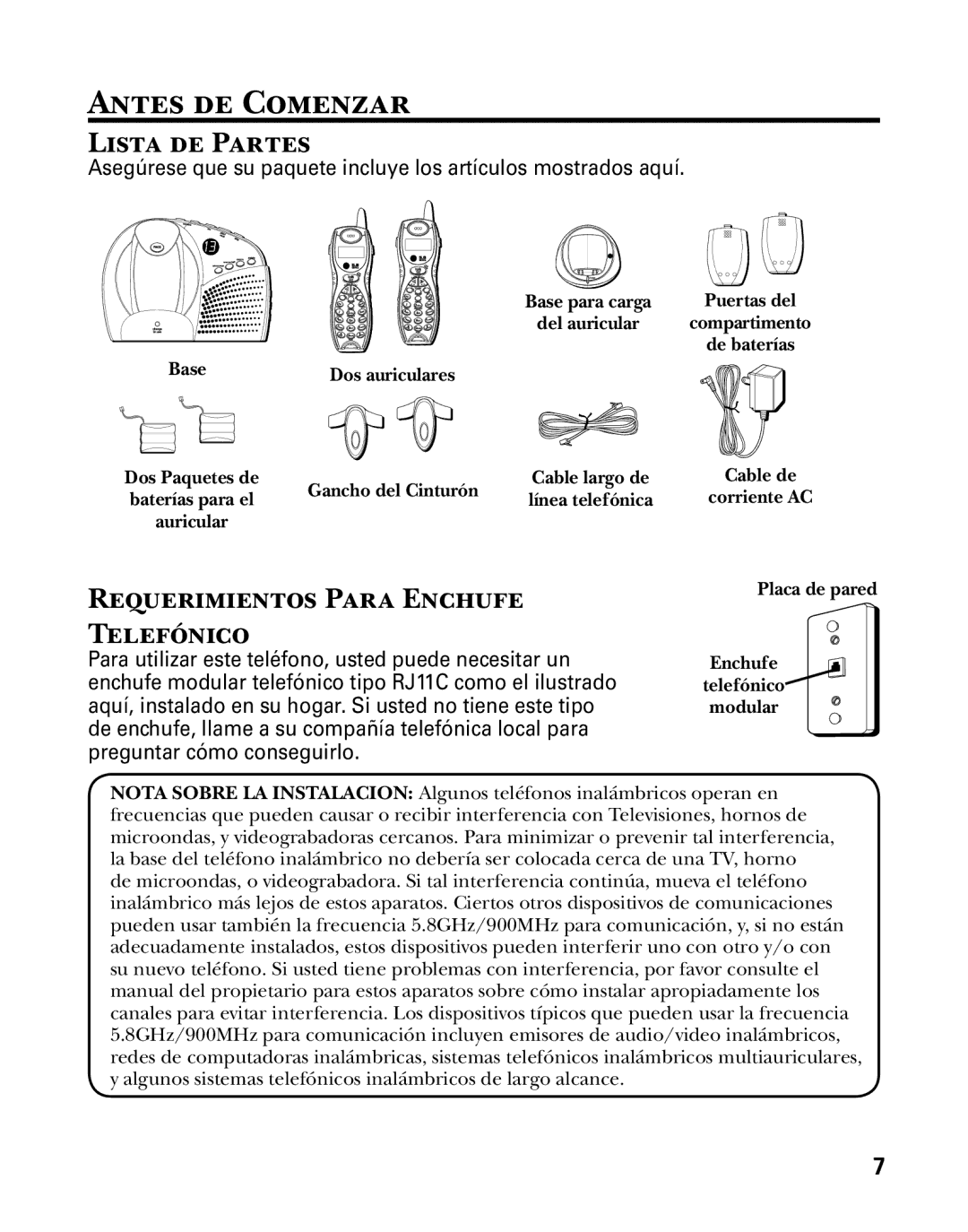 GE 25860 manual Antes de Comenzar, Lista de Partes, Requerimientos Para Enchufe Telefónico 