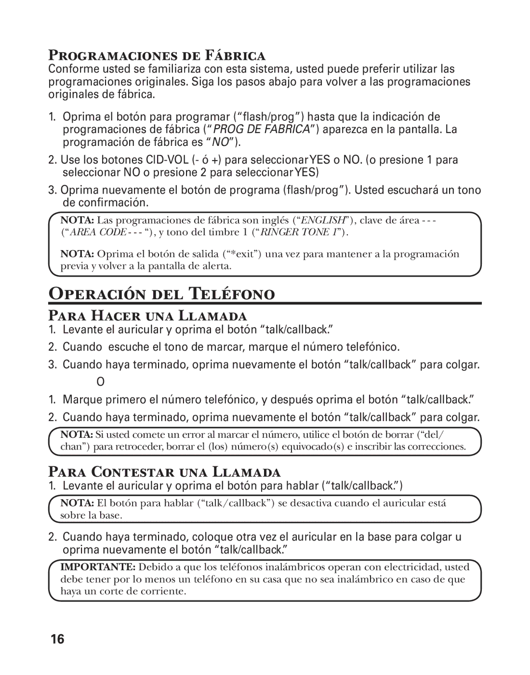 GE 25860 manual Operación del Teléfono, Programaciones de Fábrica, Para Hacer una Llamada, Para Contestar una Llamada 