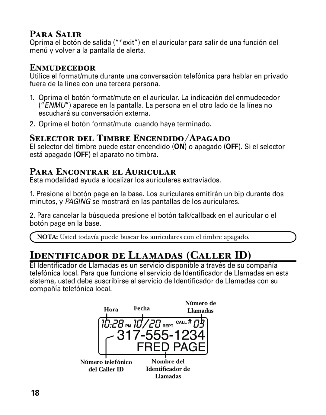 GE 25860 manual Identificador de Llamadas Caller ID, Para Salir, Enmudecedor, Selector del Timbre Encendido/Apagado 