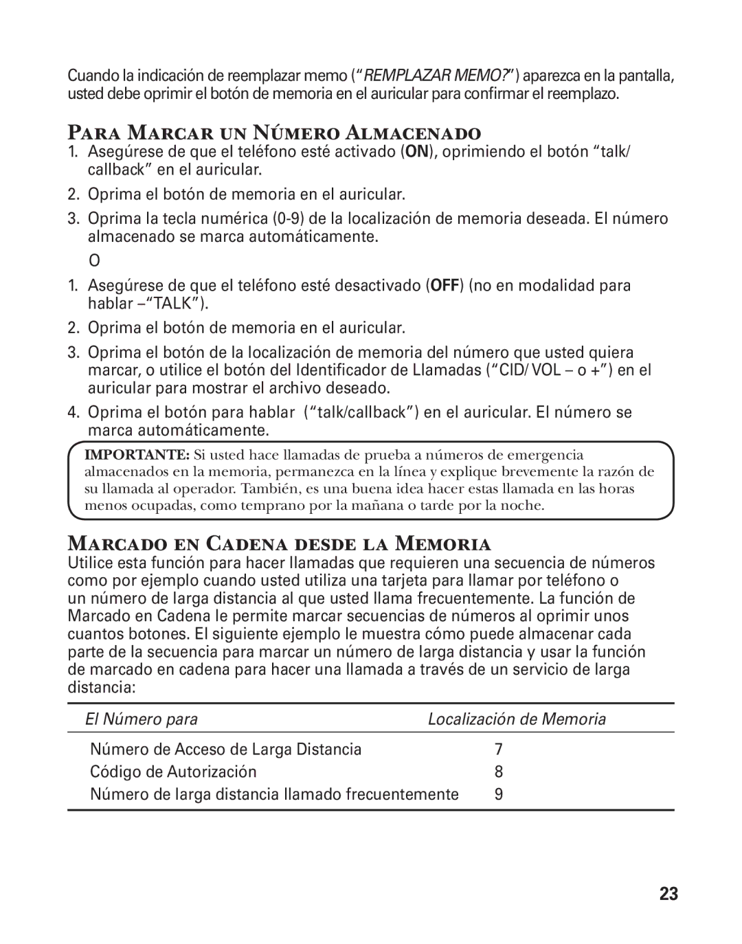 GE 25860 manual Para Marcar un Número Almacenado, Marcado en Cadena desde la Memoria 