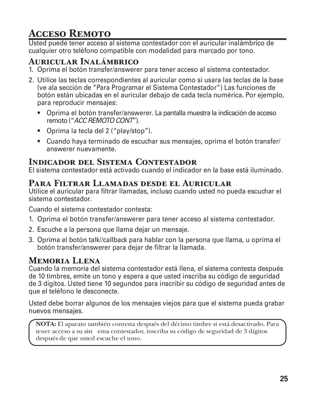 GE 25860 Acceso Remoto, Auricular Inalámbrico, Indicador del Sistema Contestador, Para Filtrar Llamadas desde el Auricular 