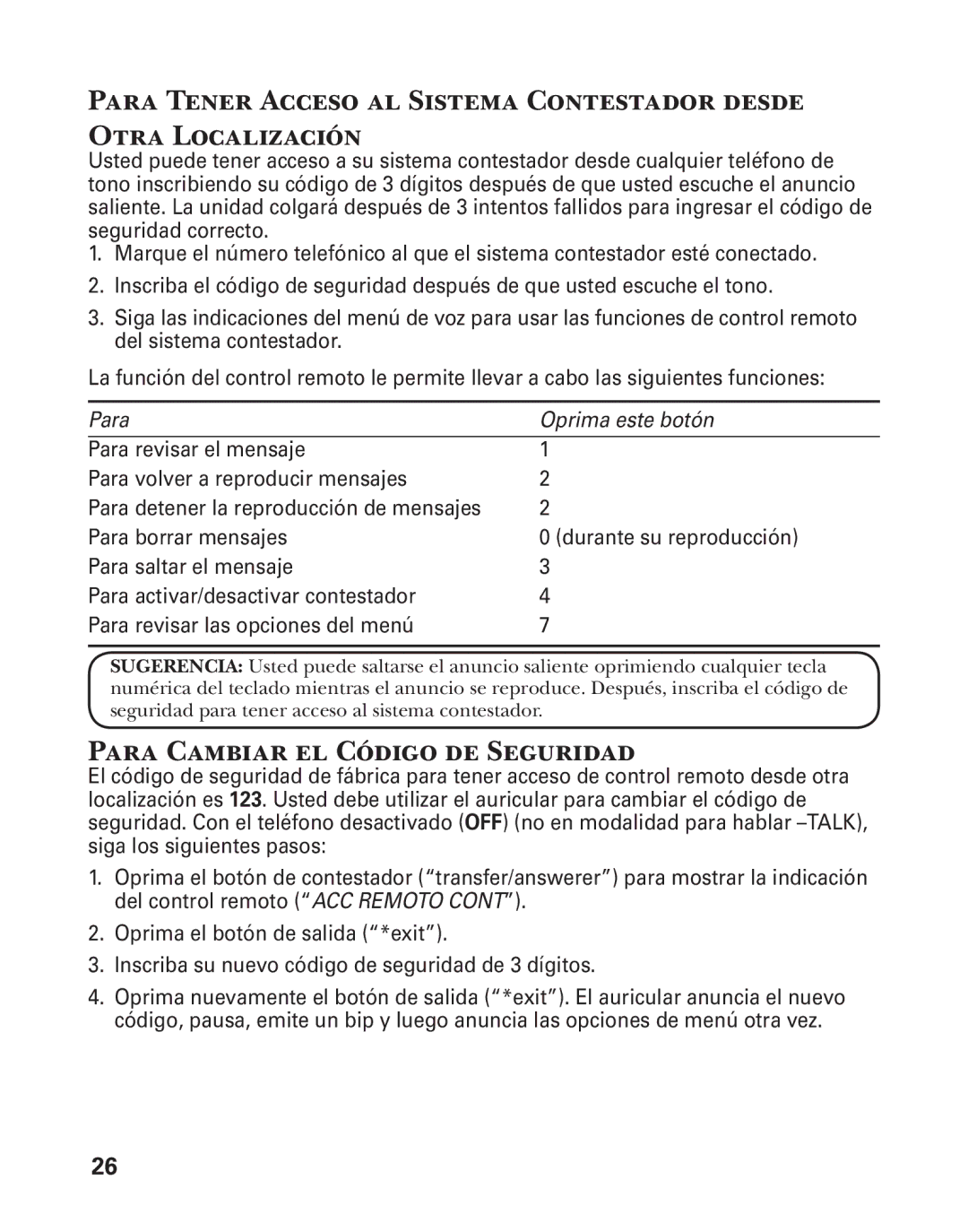 GE 25860 manual Para Cambiar el Código de Seguridad 