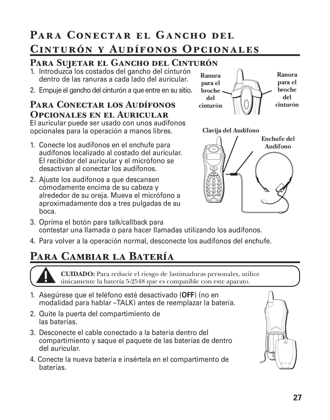 GE 25860 Para Conectar el Gancho del Cinturón y Audífonos Opcionales, Para Cambiar la Batería, Para Conectar los Audífonos 