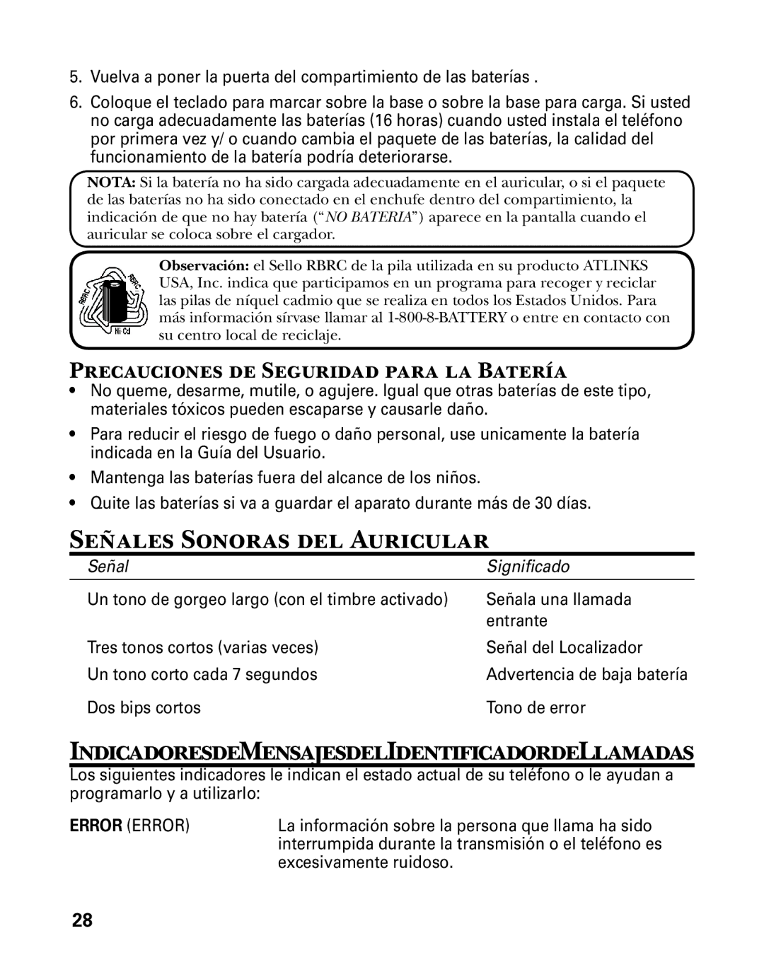 GE 25860 manual Señales Sonoras del Auricular, IndicadoresdeMensajesdelIdentificadordeLlamadas 