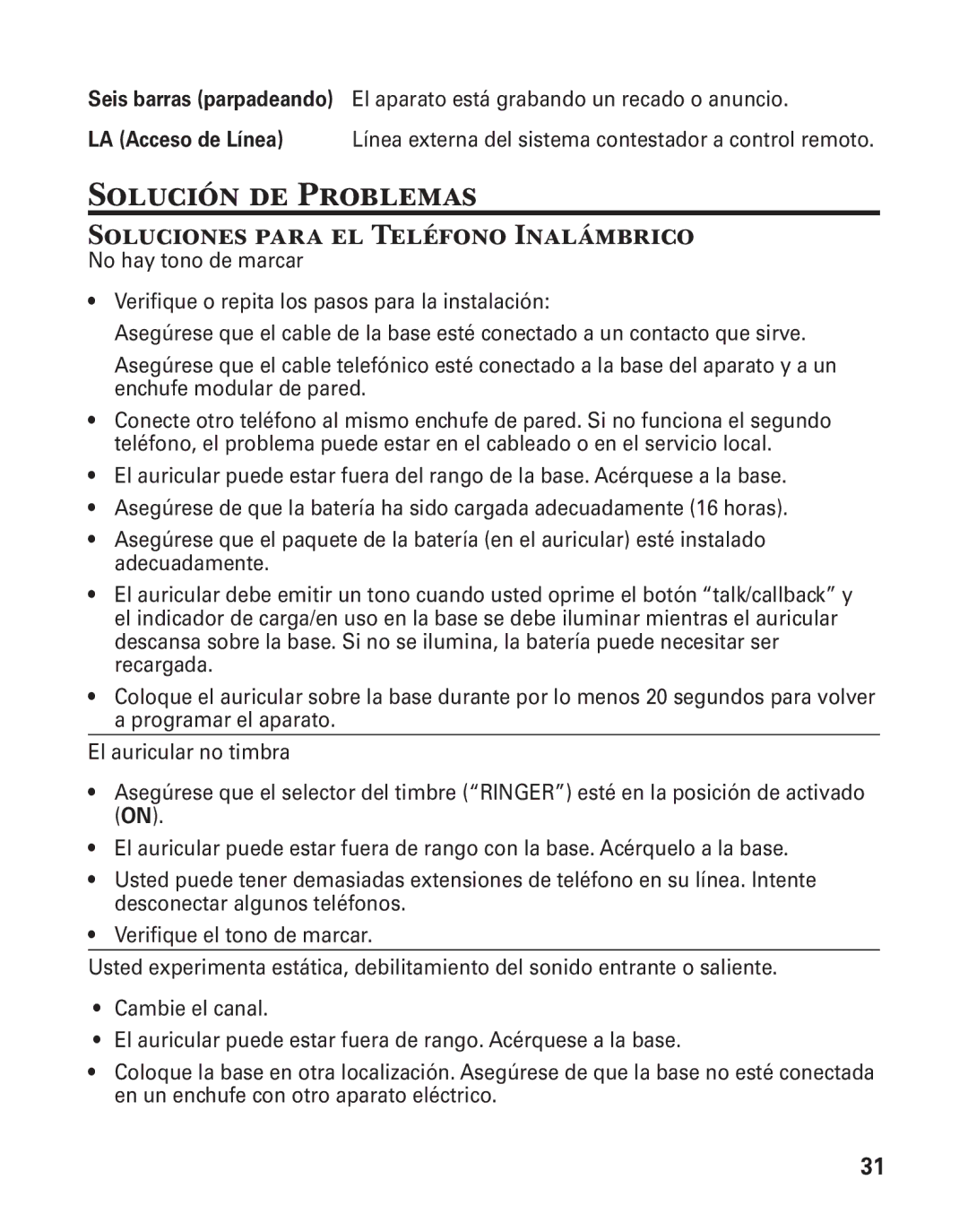 GE 25860 manual Solución de Problemas, Soluciones para el Teléfono Inalámbrico 