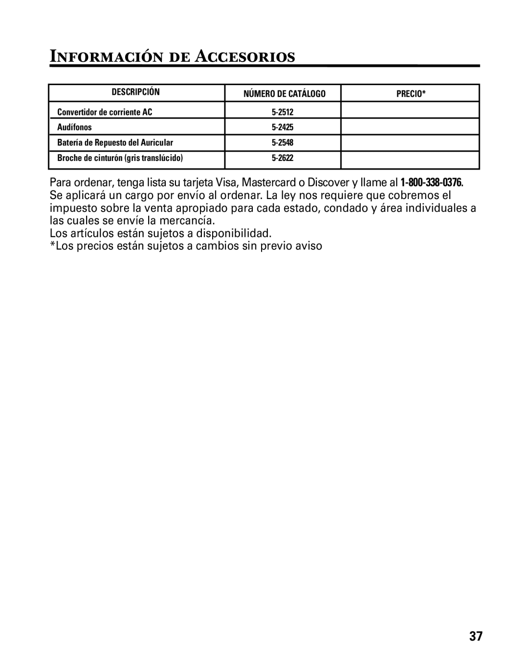 GE 25860 manual Información de Accesorios, Precio 