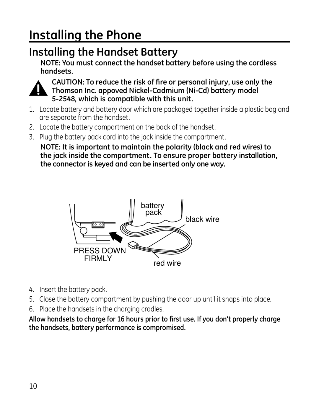 GE 25865 manual Installing the Phone, Installing the Handset Battery, Battery Pack Black wire 