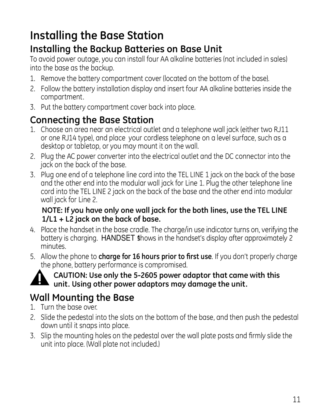 GE 25865 manual Installing the Base Station, Installing the Backup Batteries on Base Unit, Connecting the Base Station 