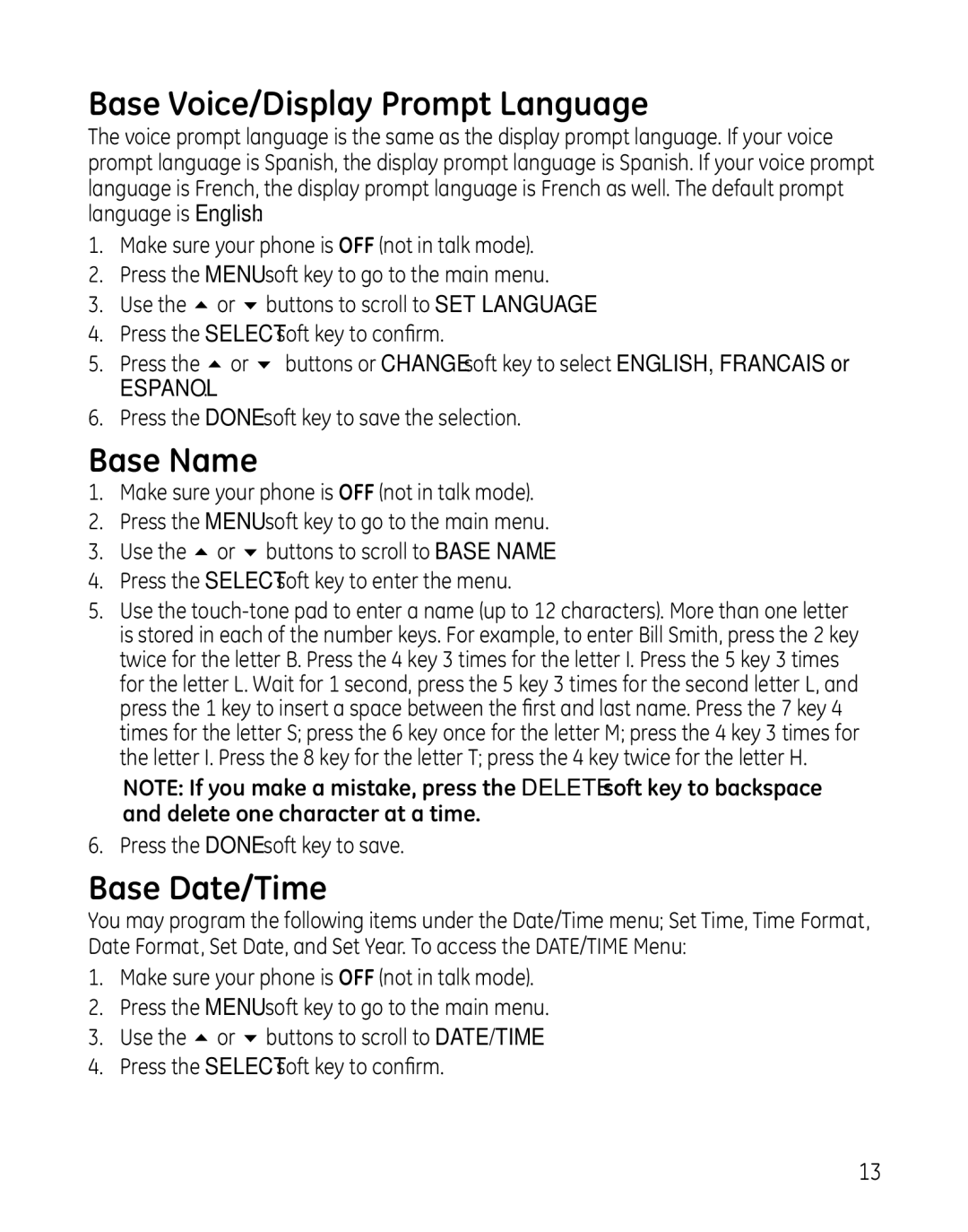 GE 25865 manual Base Voice/Display Prompt Language, Base Name, Base Date/Time 