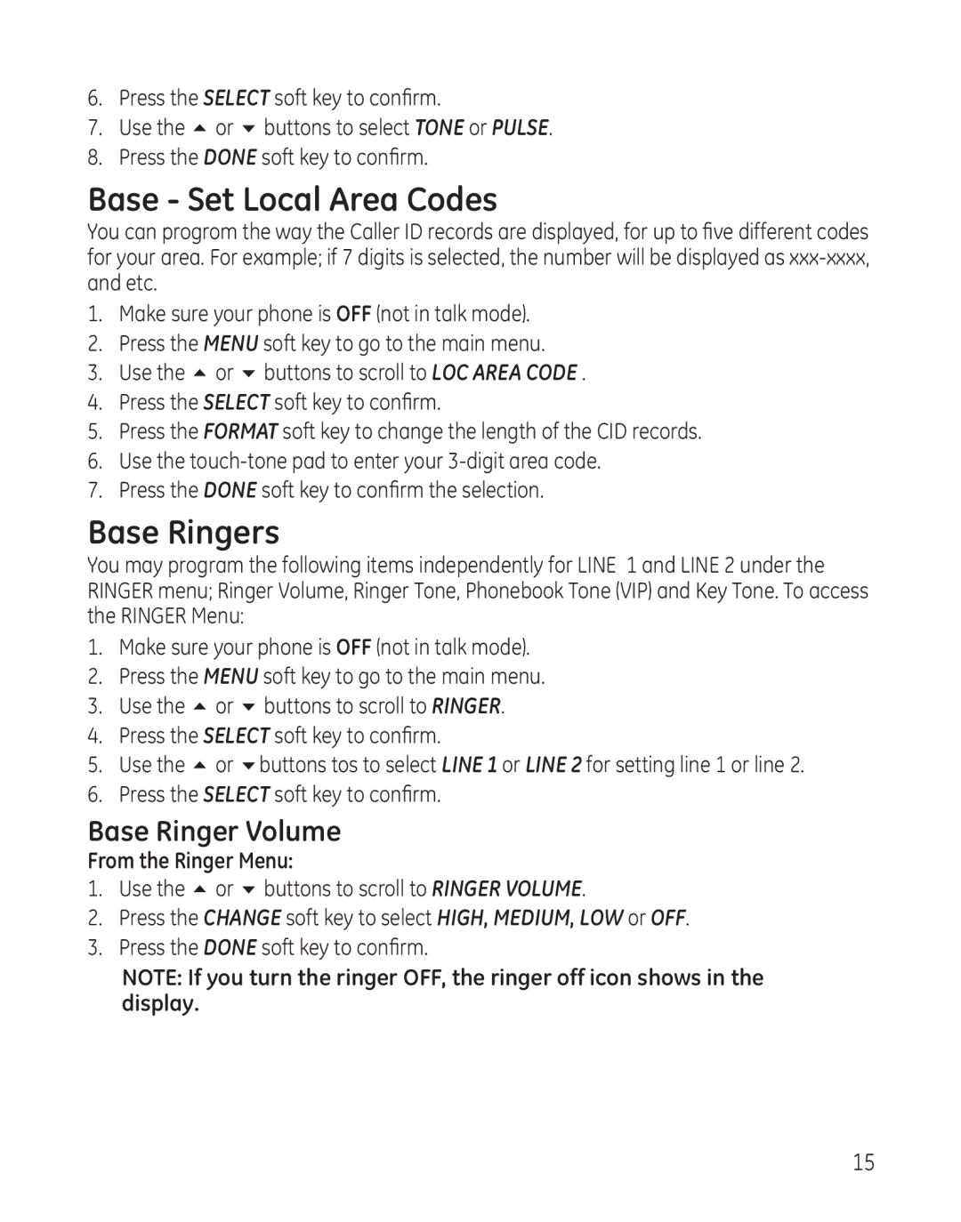 GE 25865 manual Base Set Local Area Codes, Base Ringers, Base Ringer Volume, From the Ringer Menu 