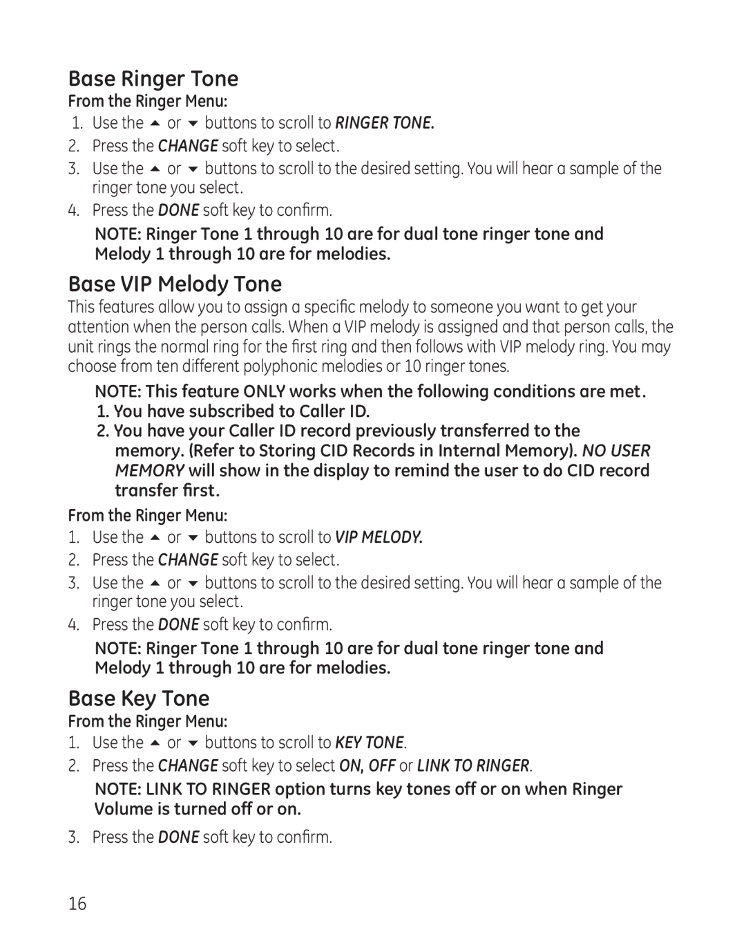 GE 25865 manual Base Ringer Tone, Base VIP Melody Tone, Base Key Tone 