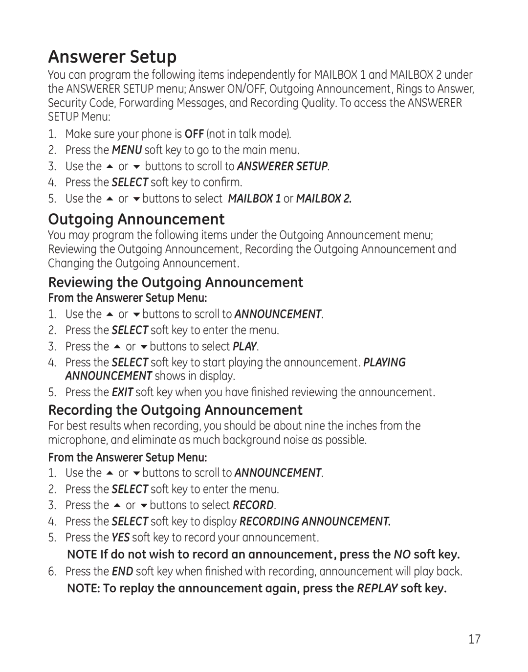 GE 25865 manual Answerer Setup, Reviewing the Outgoing Announcement, Recording the Outgoing Announcement 