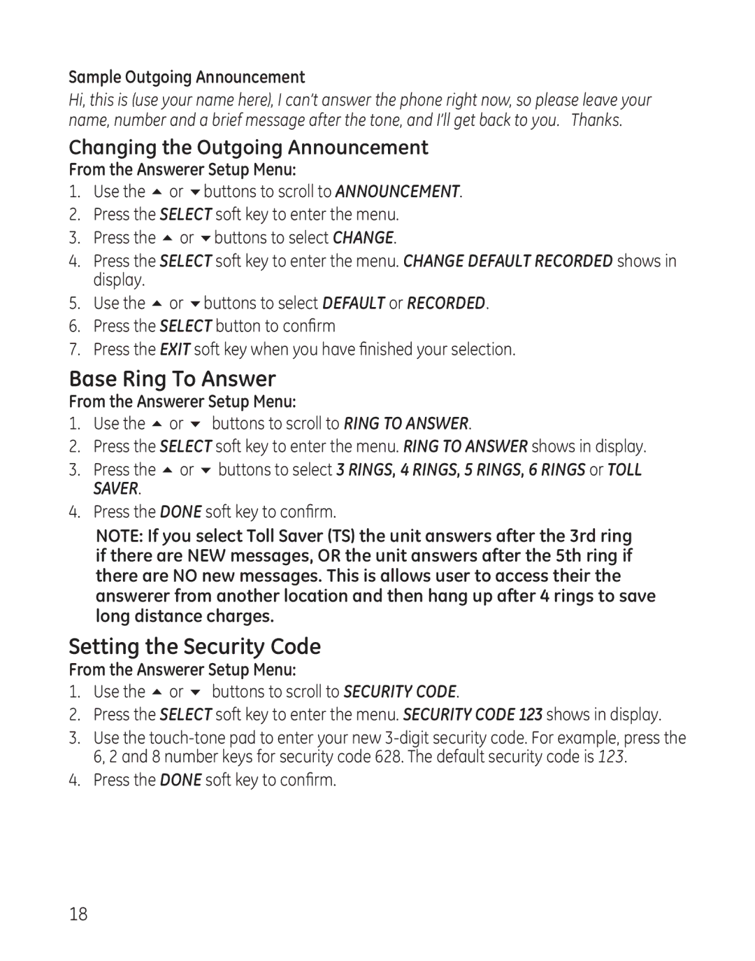 GE 25865 Base Ring To Answer, Setting the Security Code, Changing the Outgoing Announcement, Sample Outgoing Announcement 