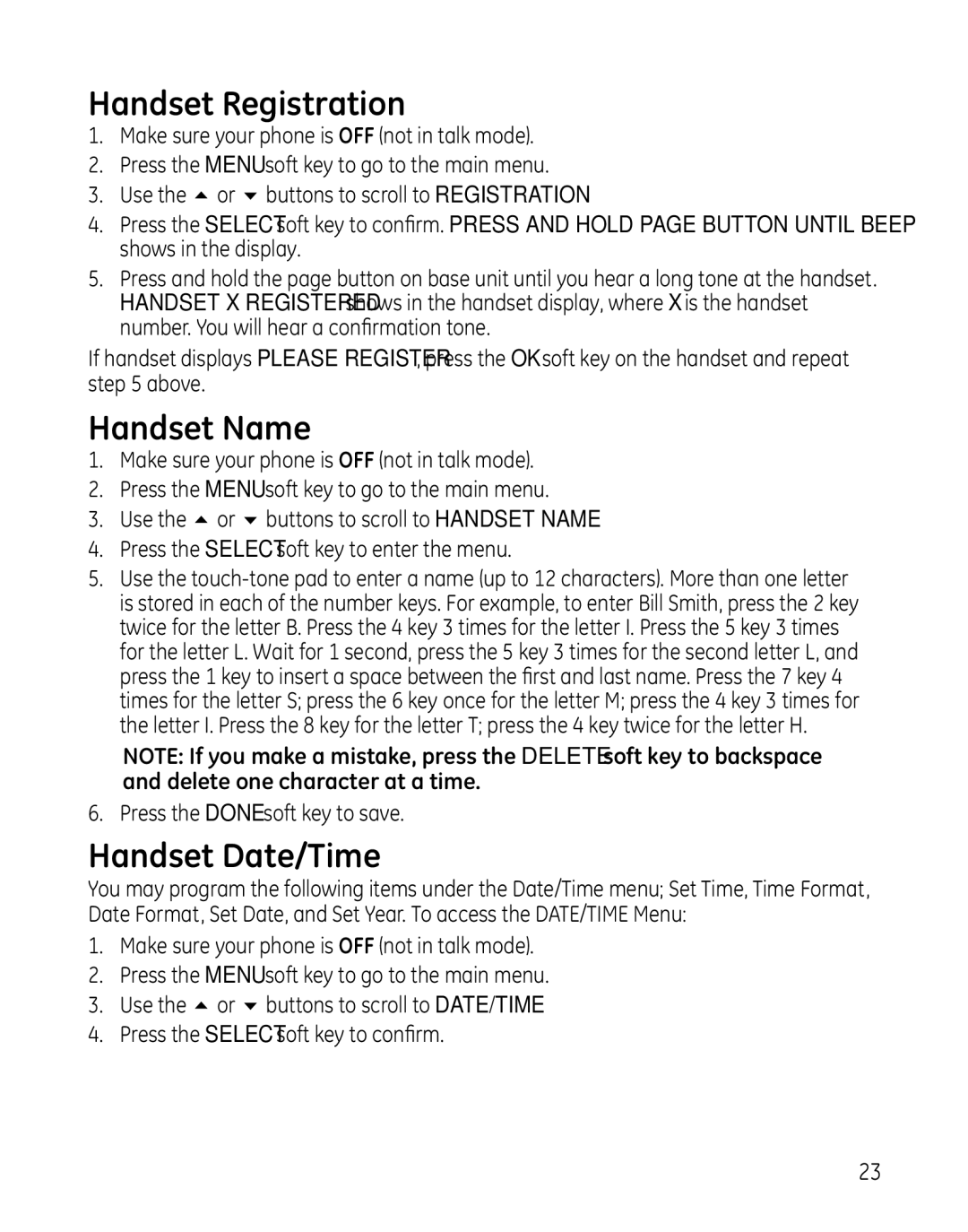 GE 25865 manual Handset Registration, Handset Name, Handset Date/Time 