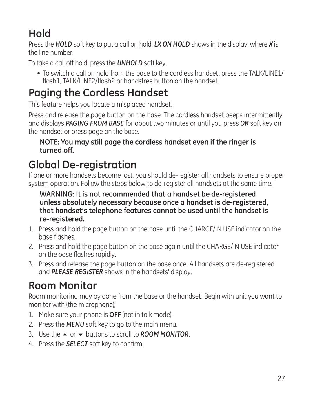 GE 25865 manual Hold, Paging the Cordless Handset, Global De-registration, Room Monitor 