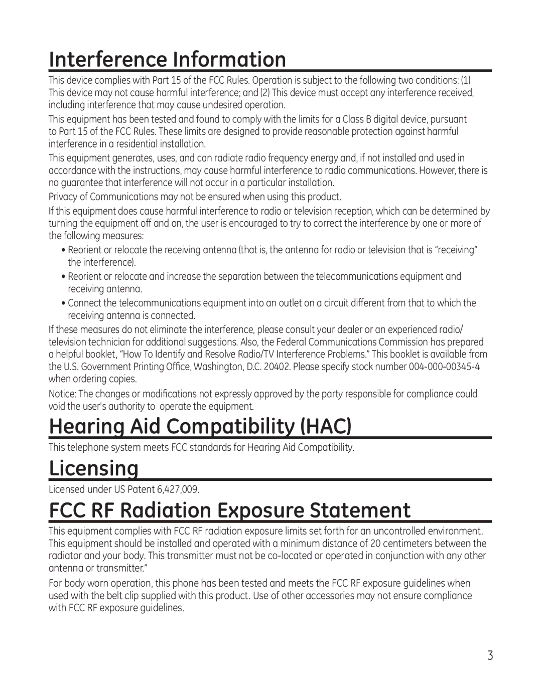 GE 25865 manual Interference Information, Hearing Aid Compatibility HAC, Licensing, FCC RF Radiation Exposure Statement 