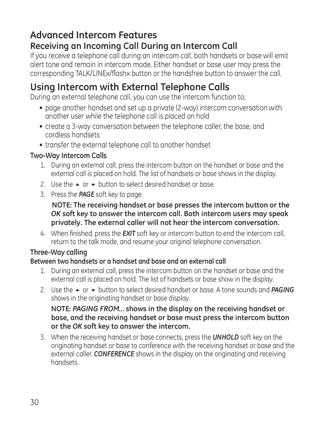 GE 25865 manual Advanced Intercom Features, Using Intercom with External Telephone Calls, Two-Way Intercom Calls 