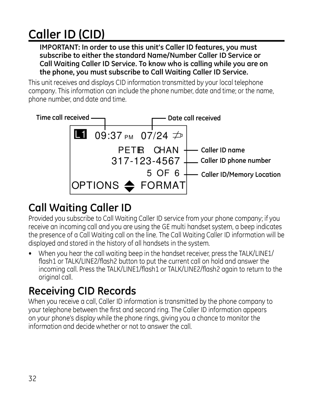 GE 25865 manual Caller ID CID, Call Waiting Caller ID, Receiving CID Records 