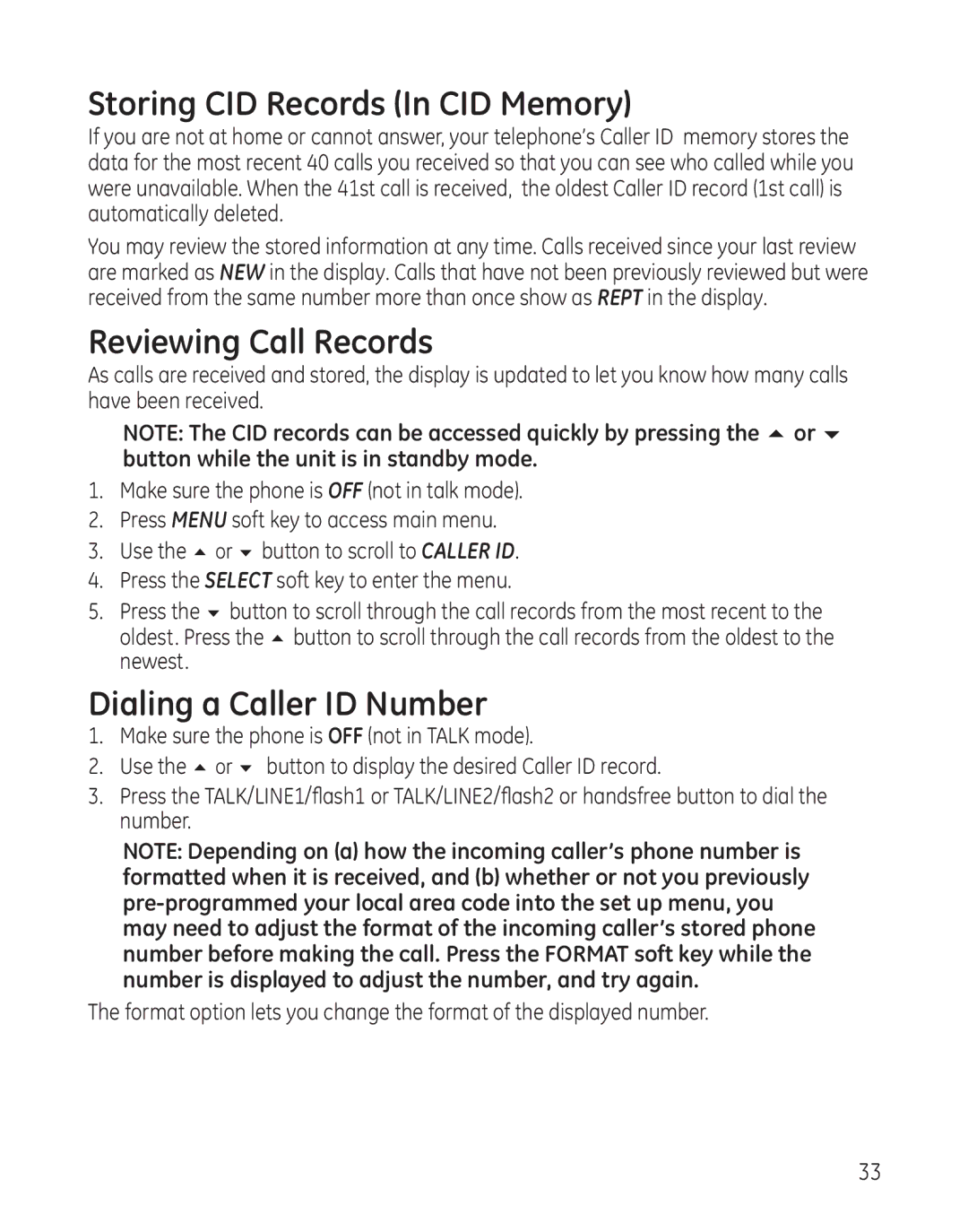 GE 25865 manual Storing CID Records In CID Memory, Reviewing Call Records, Dialing a Caller ID Number 