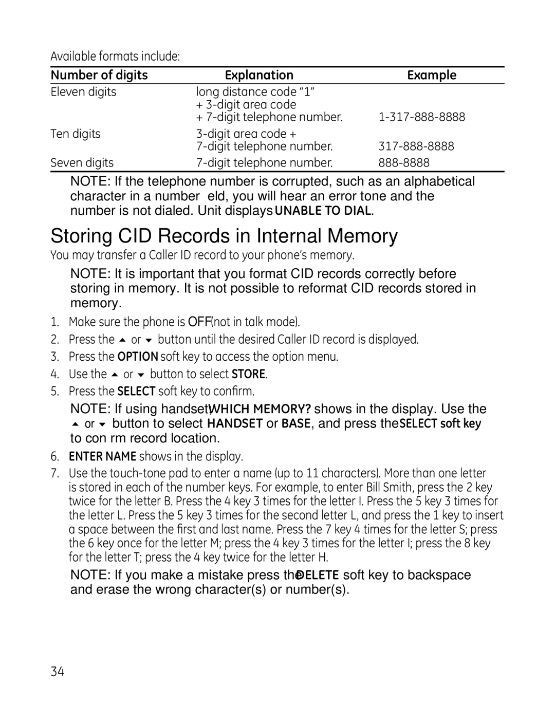 GE 25865 manual Storing CID Records in Internal Memory, Number of digits Explanation Example 