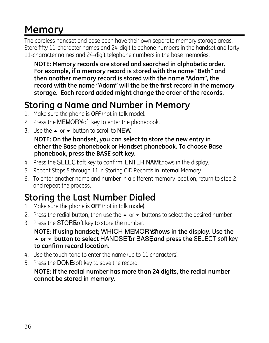 GE 25865 manual Storing a Name and Number in Memory, Storing the Last Number Dialed 