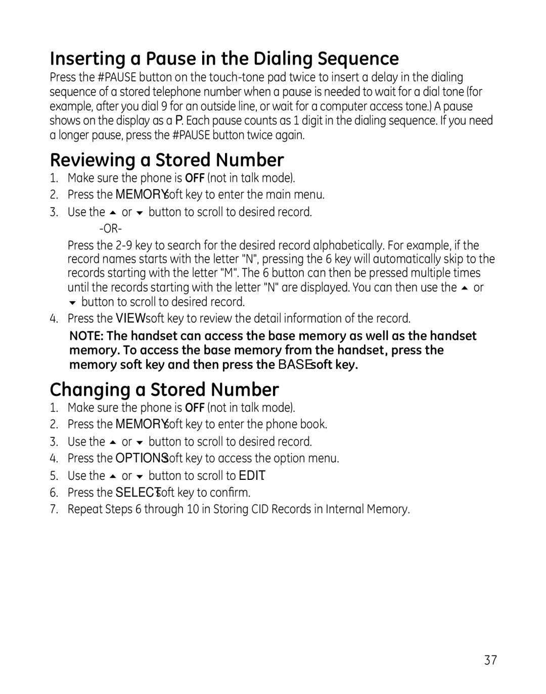 GE 25865 manual Inserting a Pause in the Dialing Sequence, Reviewing a Stored Number, Changing a Stored Number 