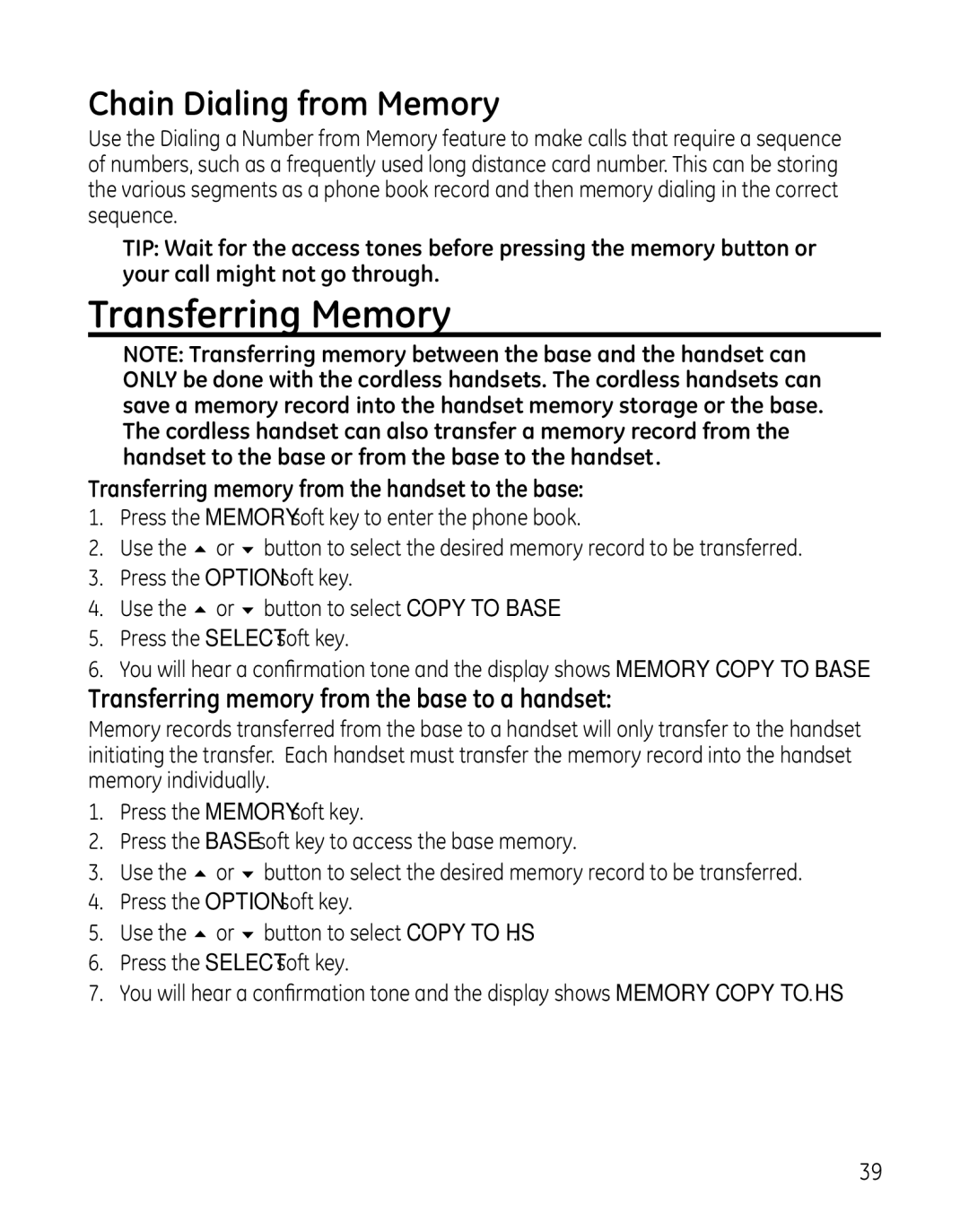 GE 25865 manual Transferring Memory, Chain Dialing from Memory, Transferring memory from the base to a handset 