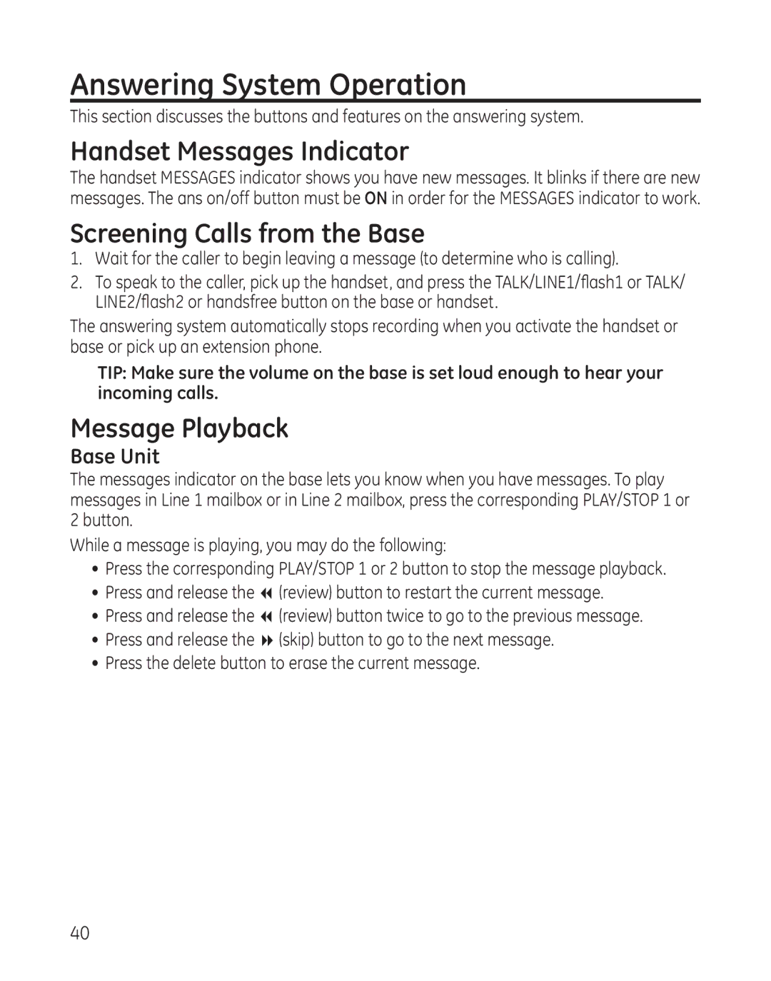 GE 25865 manual Answering System Operation, Handset Messages Indicator, Screening Calls from the Base, Message Playback 