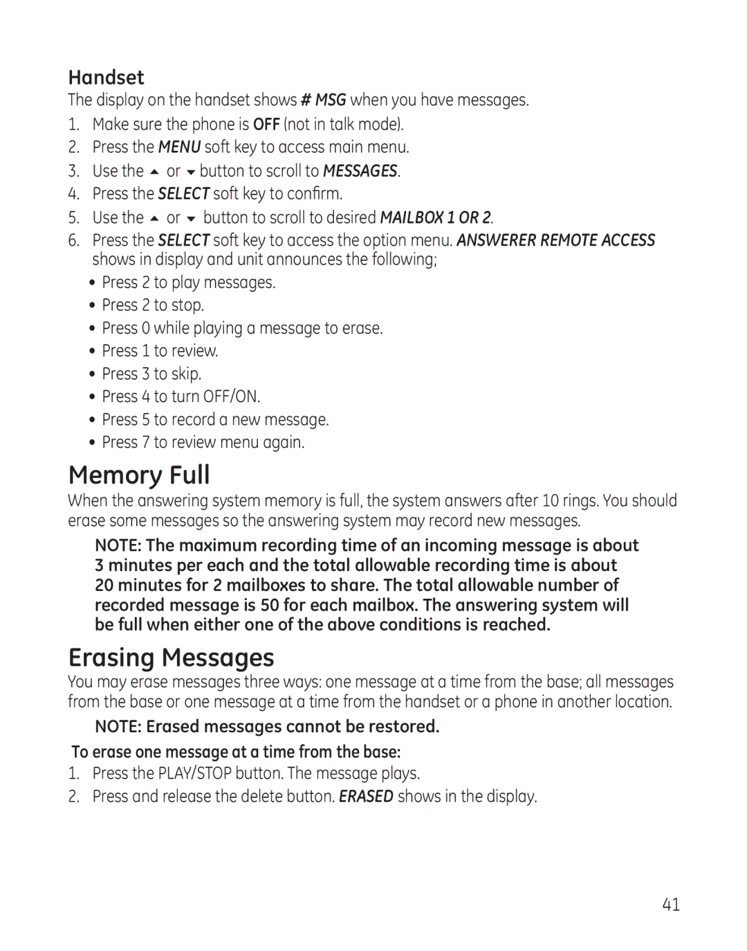 GE 25865 manual Memory Full, Erasing Messages, Handset, To erase one message at a time from the base 