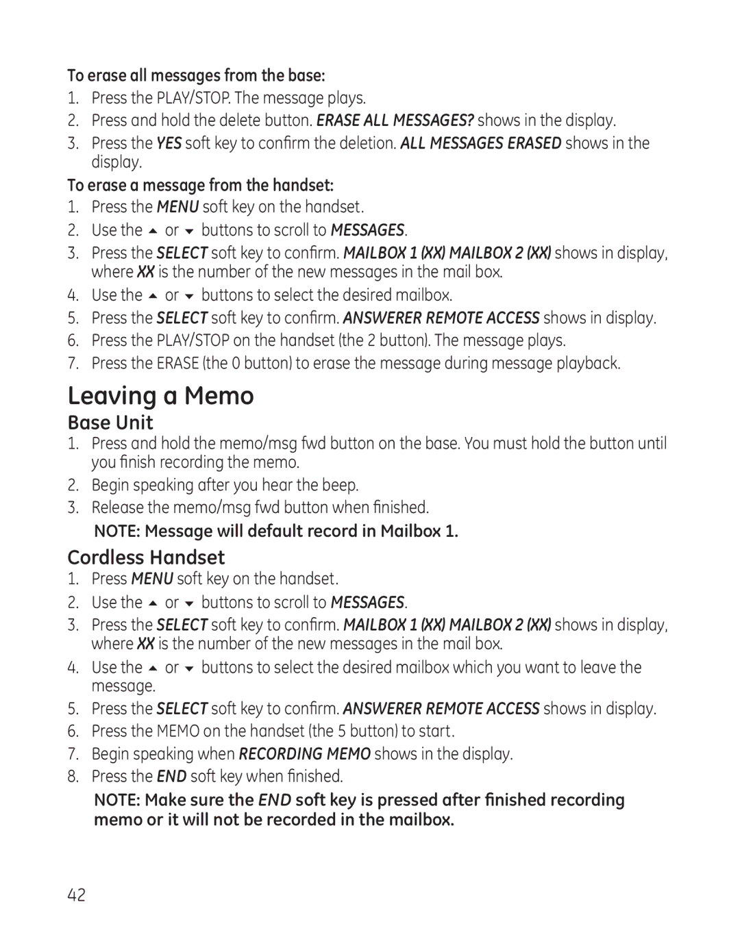GE 25865 manual Leaving a Memo, To erase all messages from the base, To erase a message from the handset 