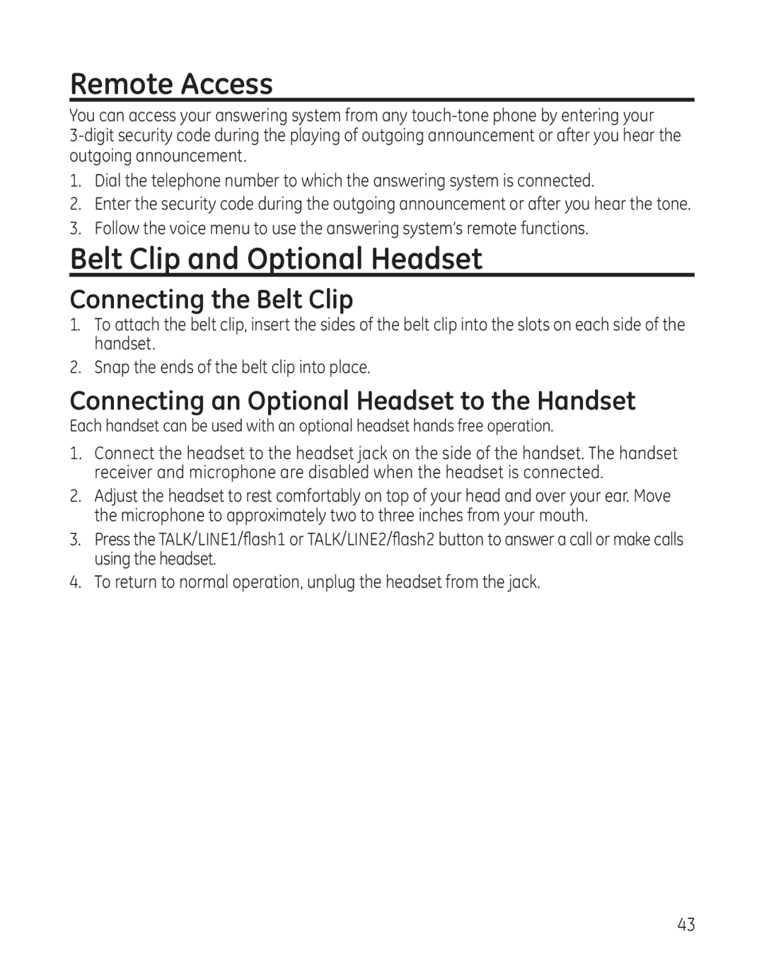 GE 25865 manual Remote Access, Belt Clip and Optional Headset, Connecting the Belt Clip 