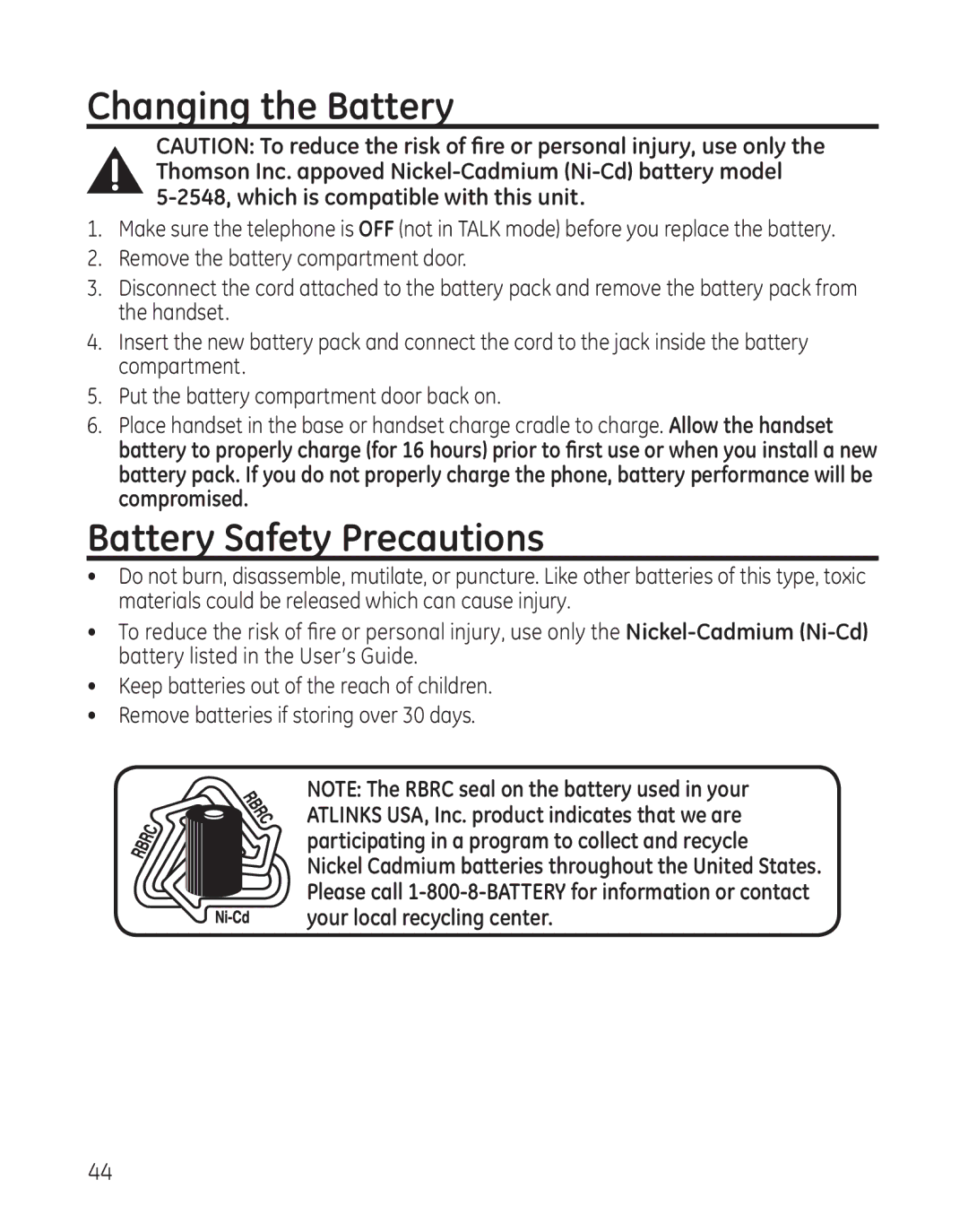 GE 25865 manual Changing the Battery, Battery Safety Precautions 