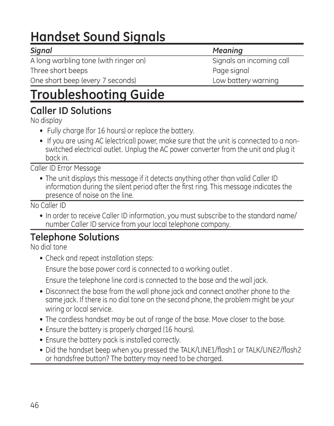 GE 25865 manual Handset Sound Signals, Troubleshooting Guide, Caller ID Solutions, Telephone Solutions 