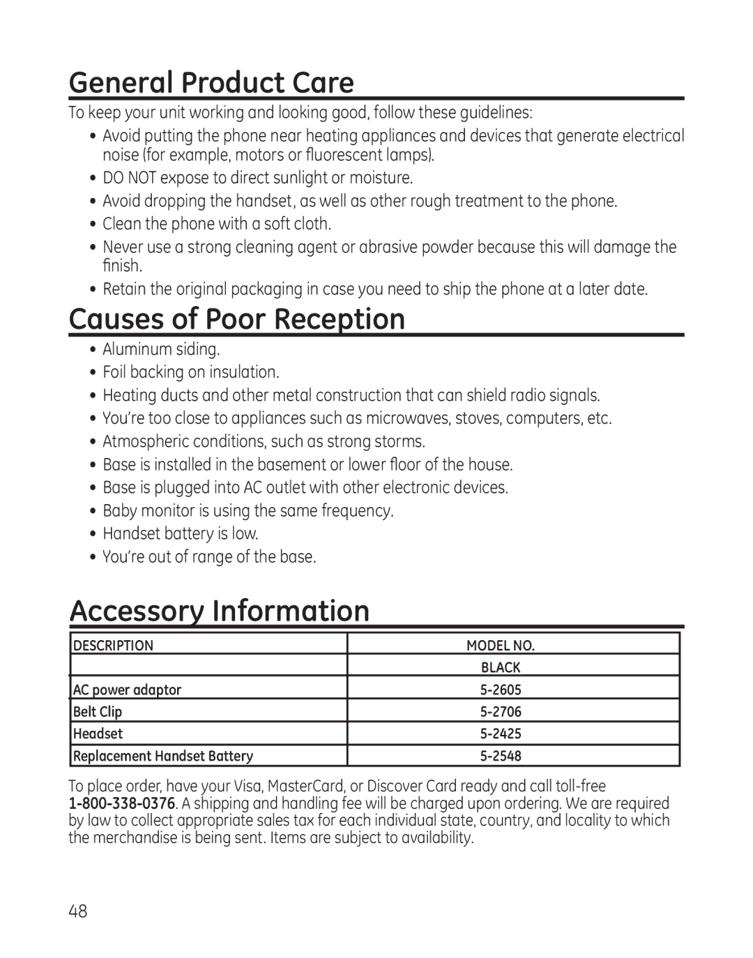 GE 25865 manual General Product Care, Causes of Poor Reception, Accessory Information 