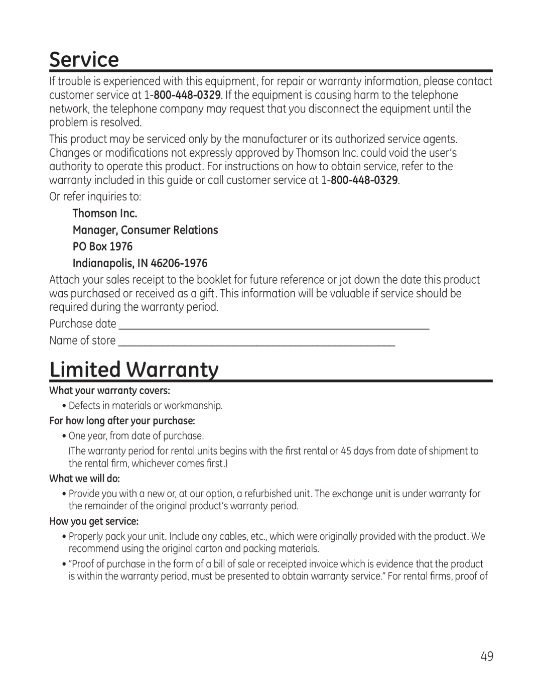 GE 25865 manual Service, Limited Warranty 