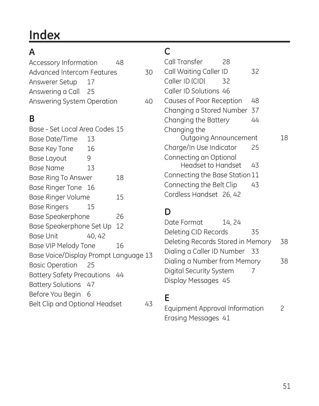 GE 25865 manual Index 