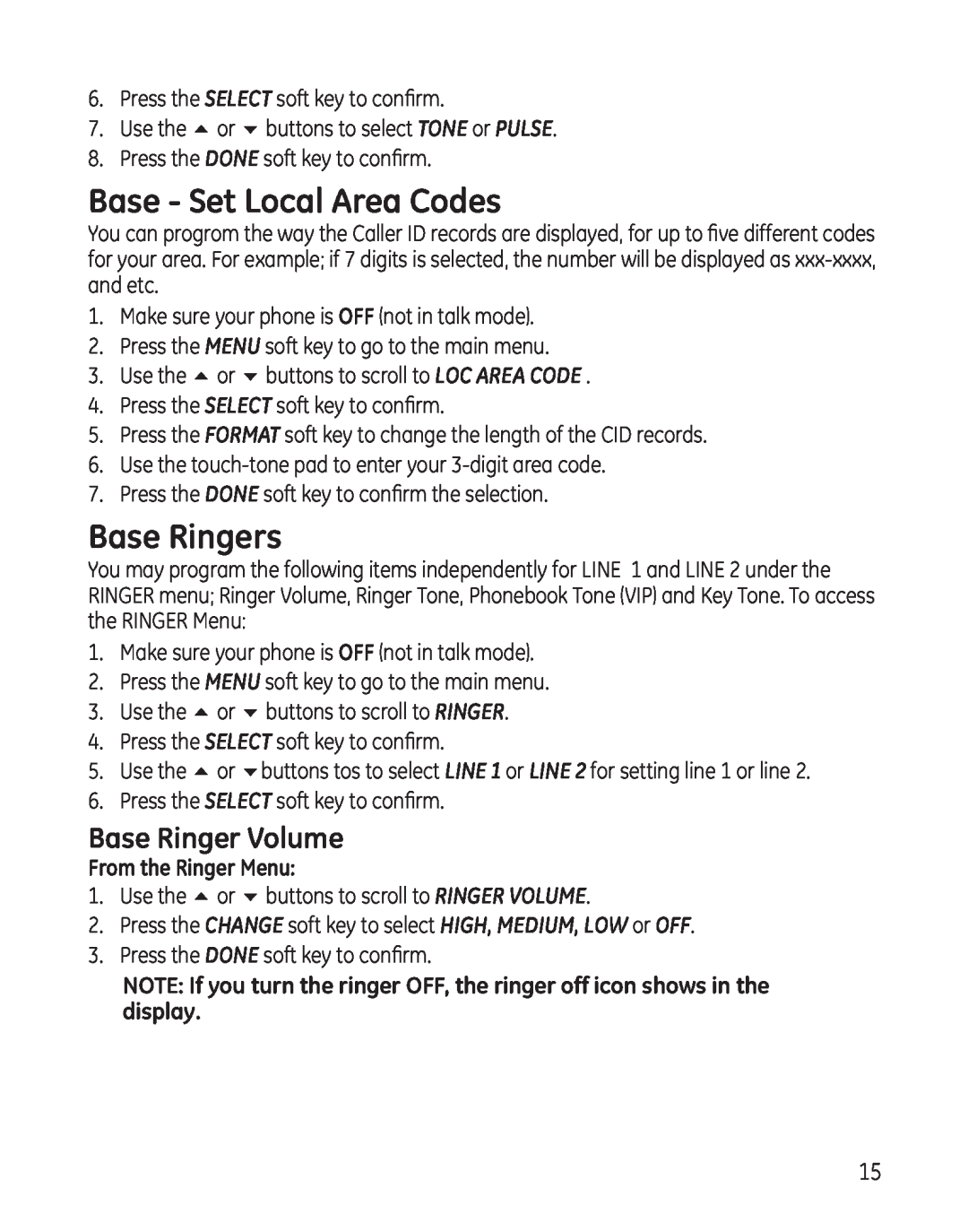 GE 25865 manual Base - Set Local Area Codes, Base Ringers, Base Ringer Volume, From the Ringer Menu 
