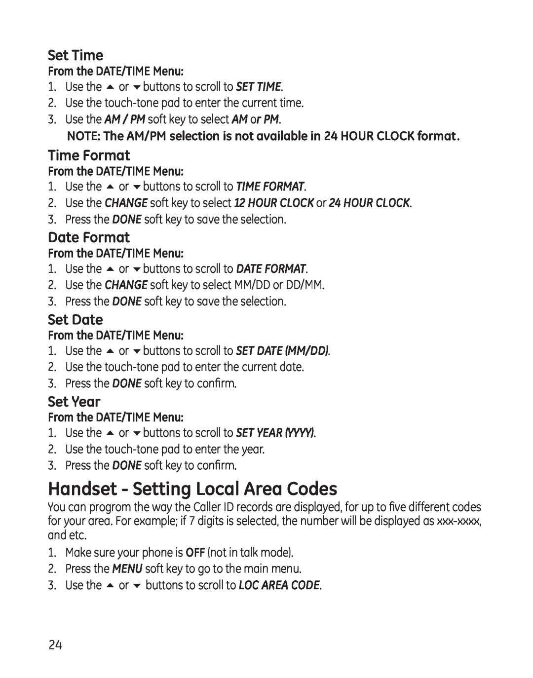 GE 25865 manual Handset - Setting Local Area Codes, Set Time, Time Format, Date Format, Set Date, Set Year 