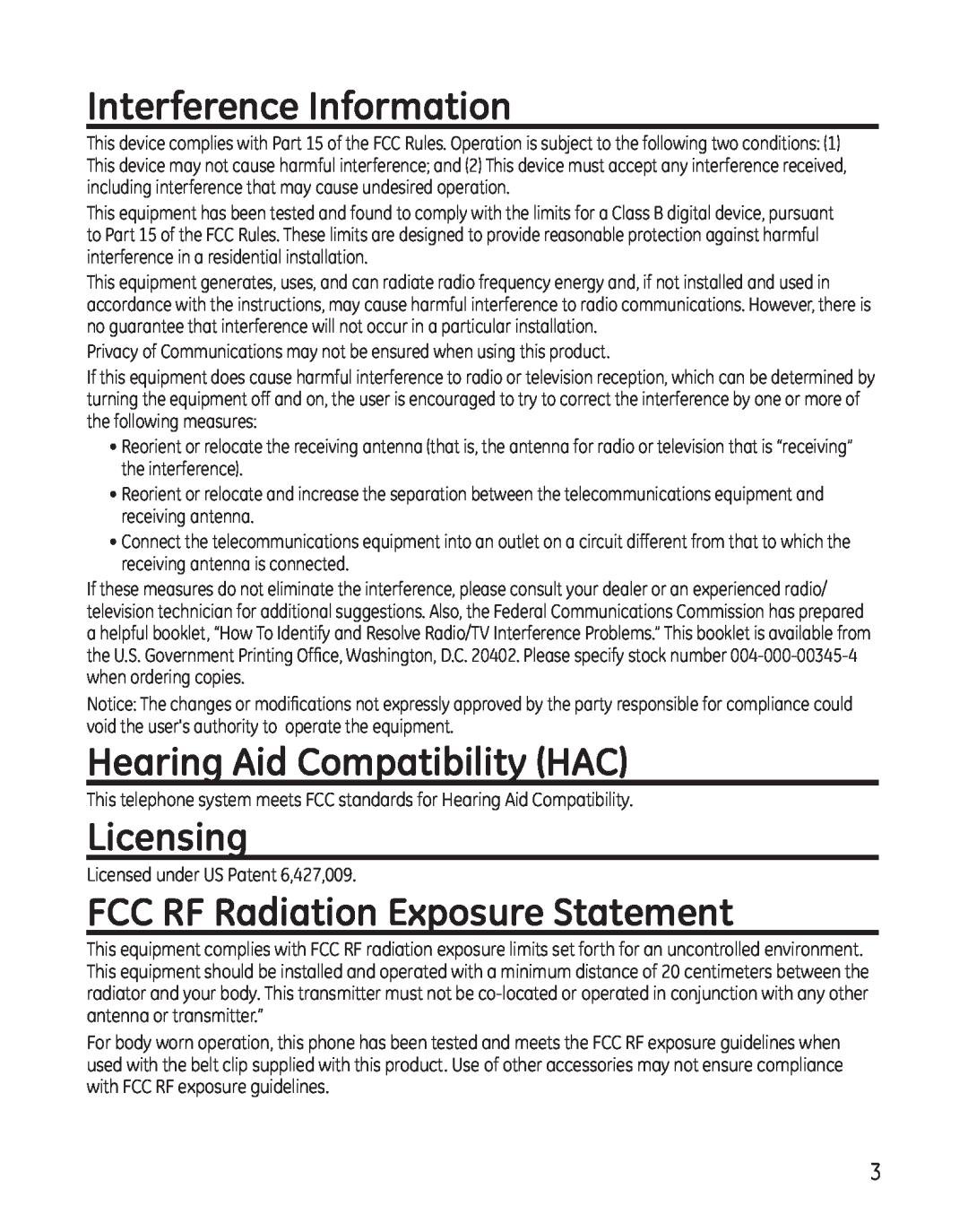 GE 25865 manual Interference Information, Hearing Aid Compatibility HAC, Licensing, FCC RF Radiation Exposure Statement 