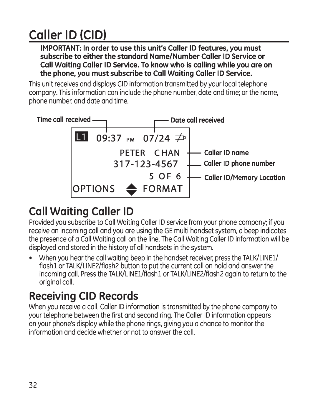 GE 25865 Caller ID CID, Call Waiting Caller ID, Receiving CID Records, Peter C Han, 5 O F, 0937 PM, 07/24, Options, Format 