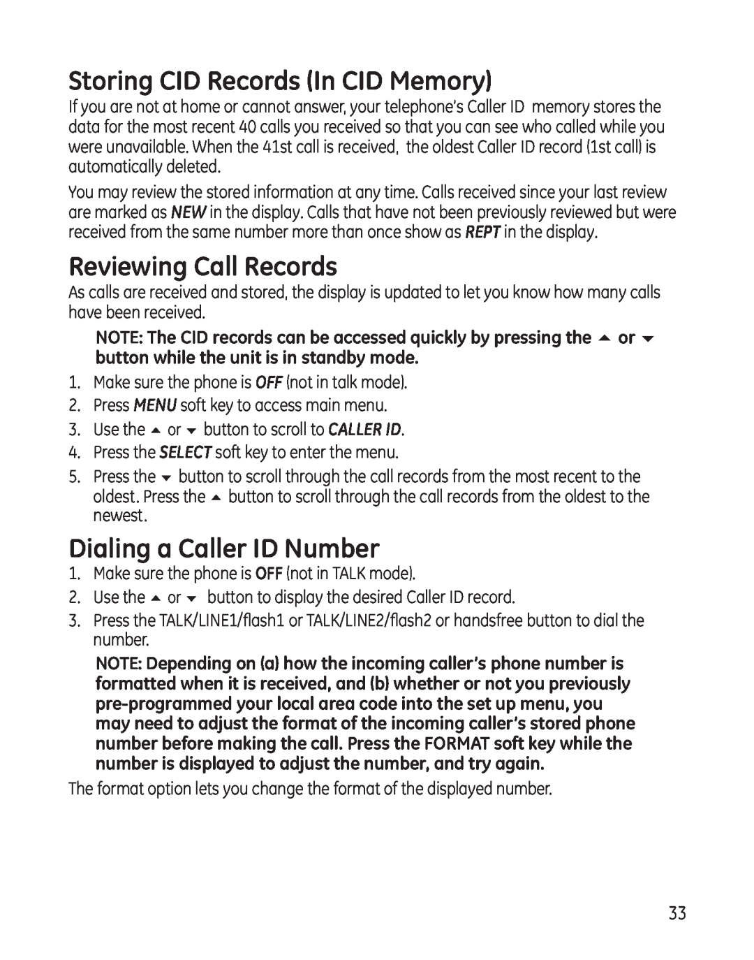 GE 25865 manual Storing CID Records In CID Memory, Reviewing Call Records, Dialing a Caller ID Number 